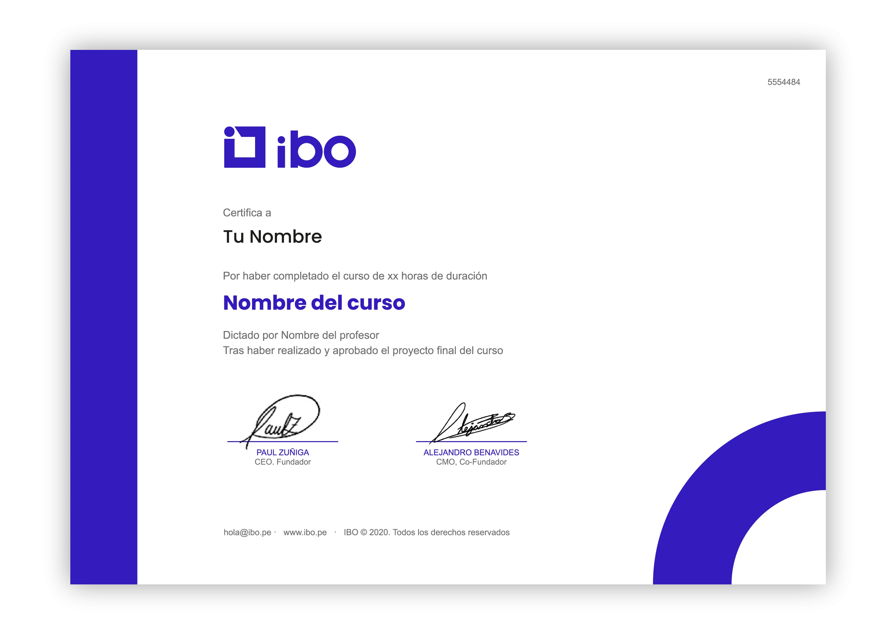 Ejemplo de certificado de finalización de curso otorgado por IBO Agencia de Marketing Digital