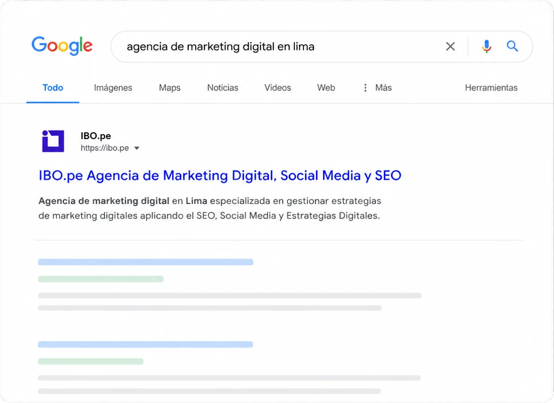 Resultado de búsqueda en Google: IBO.pe posicionado para agencia de marketing digital en Lima